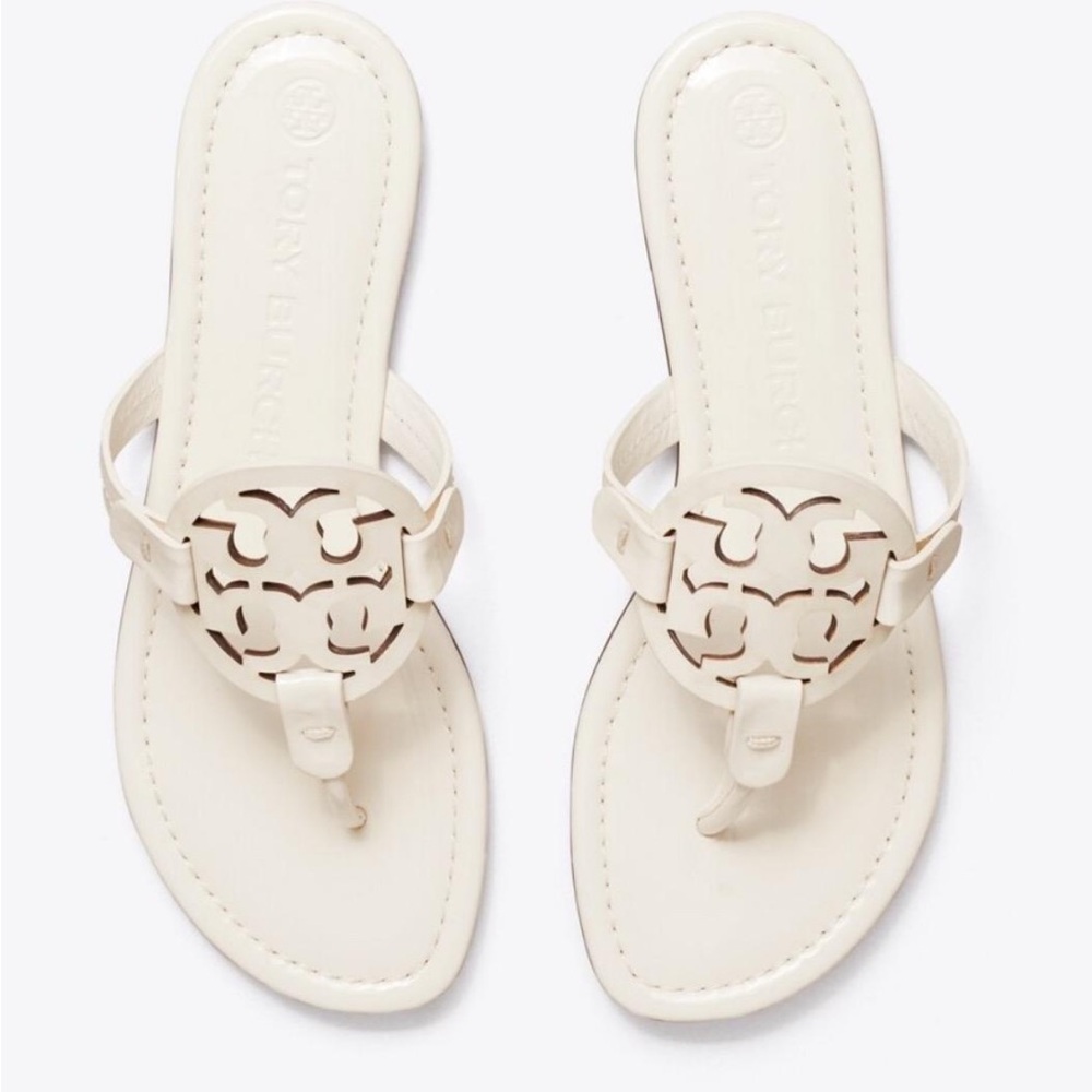 Tory Burch Miller Patent Leather Thong Sandal White Color